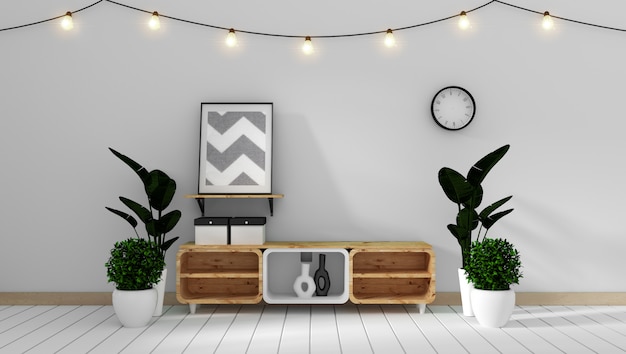 Tv gabinet w nowożytnych białych zen stylu izbowych minimalistycznych projektach, 3d rendering