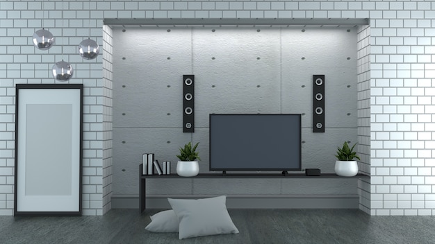 Tv Na Loft Stylu Białym Tle Ceglanego Muru. 3d Rendering