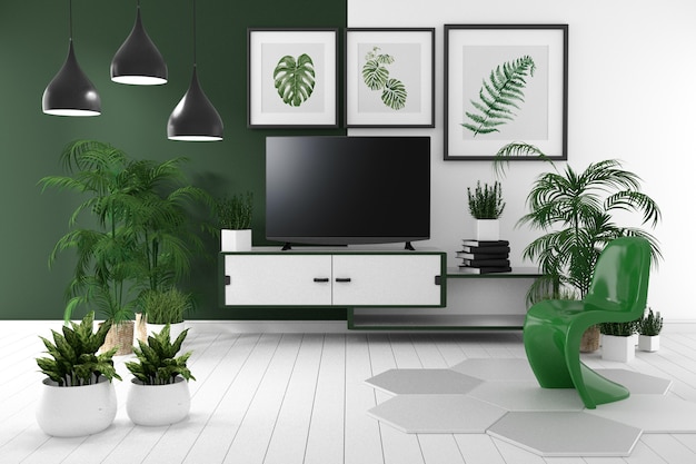 Tv na szafce w tropikalnym pustym pokoju lampę, kwiatu, książka, 3d rendering