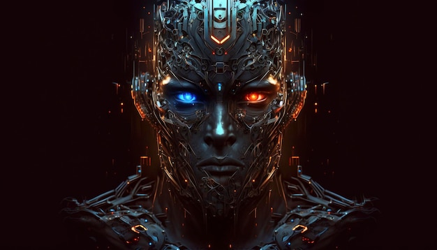 Twarz cyborga w trakcie tworzenia na czarnym tle ai GenerativeGenerative AI