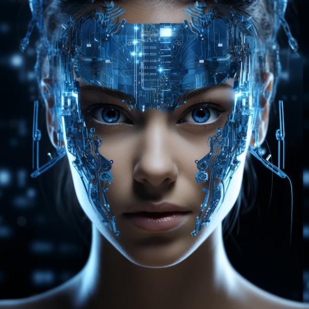 twarz kobiety o niebieskich oczach i głowie robota