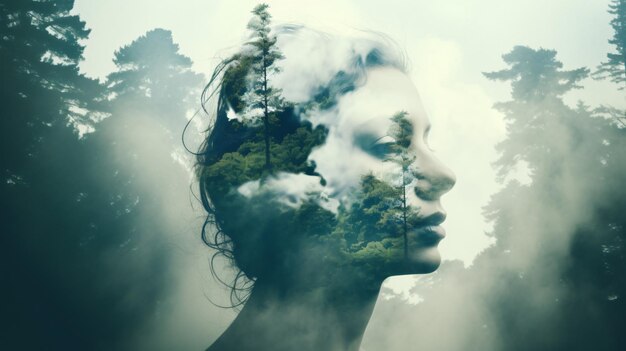 Zdjęcie twarz kobiety z drzewami i chmurami w tle