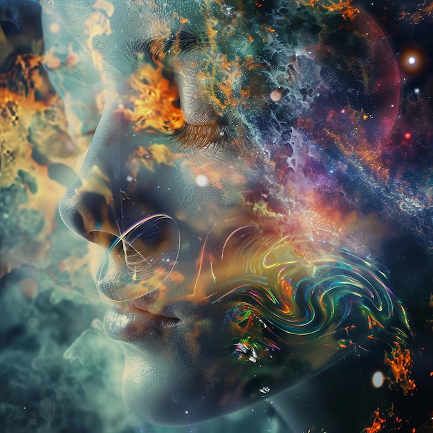 Zdjęcie twarz kobiety z kolorowym obrazem wszechświata