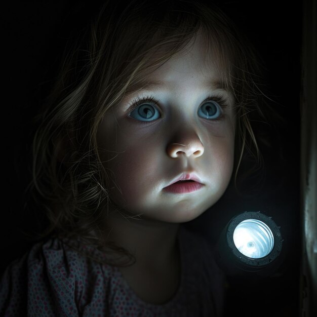 Twarz małej dziewczynki w ciemności z latarką AI generatywna