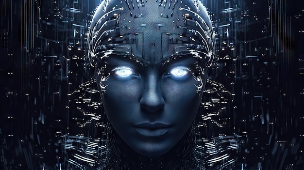 Twarz mechanika robota z inteligencją łącza neuronowego big data Cyberpunk android robot bioniczny sztuczny