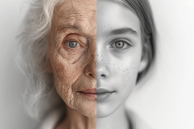 Zdjęcie twarz młodej dziewczyny i starszej kobiety z zmarszczkami koncepcja starzenia się i pielęgnacji skóry