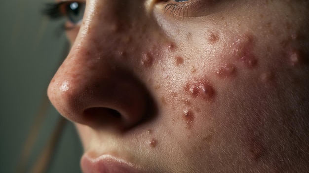 Twarz młodej kobiety z widocznymi plamami trądziku podkreślającą walkę z pielęgnacją skóry