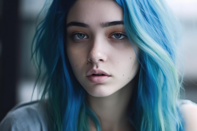 Twarz nastolatka z niebieskimi włosami Wyrażenie samotnej nastolatki Generatywne AI