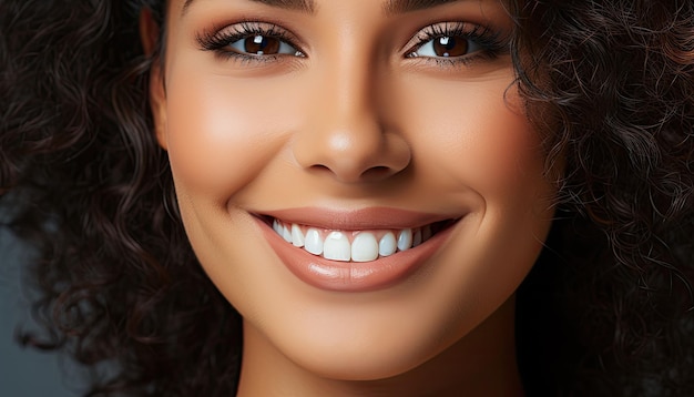 Twarz pięknej kobiety rasy mieszanej uśmiecha się z widokiem na białe zęby