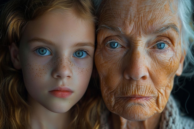 Zdjęcie twarz podzielona na dwie połowy połowa małej dziewczyny i połowa starej kobiety dzieciństwo i starość