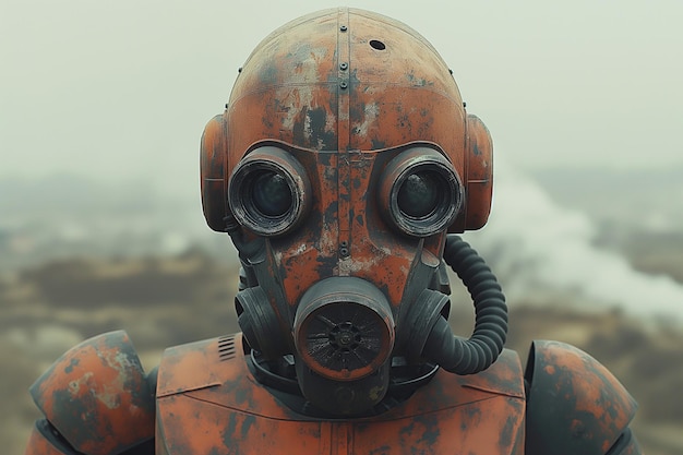 Twarz robotycznego wojownika w polu w mgle w zniszczonym apokaliptycznym świecie futurystycznym