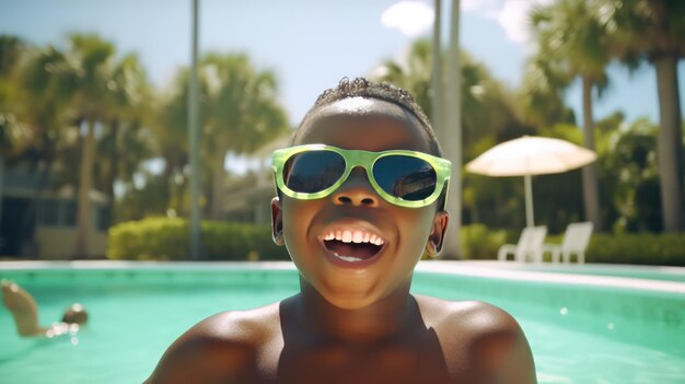 Twarz szczęśliwego, śmiejącego się afroamerykańskiego chłopca w basenie.