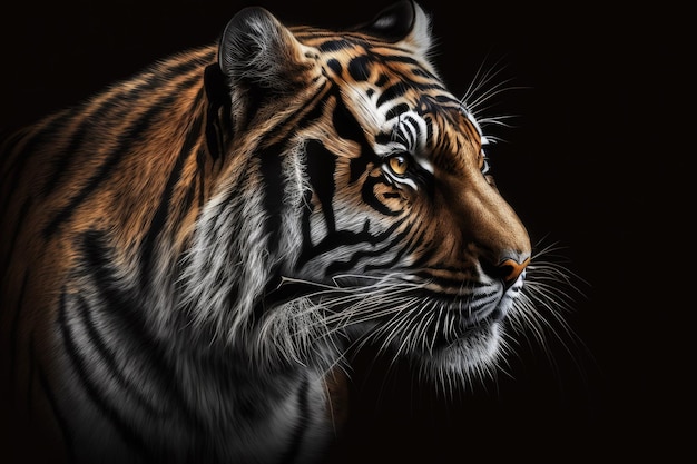 Twarz tygrysa indochińskiego Panthera tigris corbetti odizolowana na czarno z miejscem na tekst