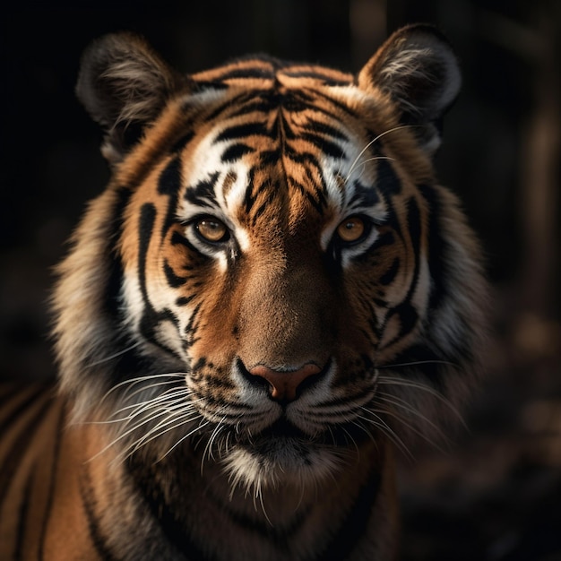 Twarz tygrysa z bliska w ciemności