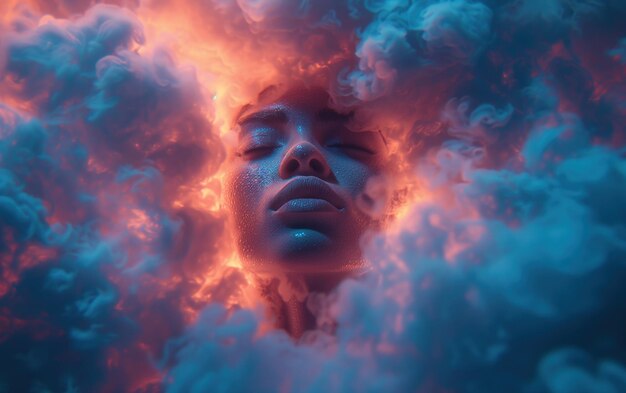 Zdjęcie twarz z ciemnym niebieskim i jasnym fioletowym chmurami otaczającymi jego twarz