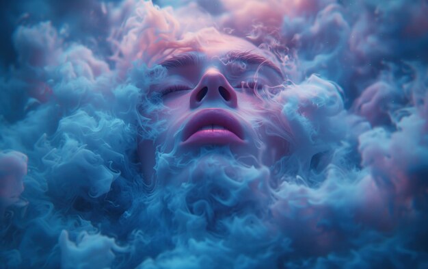 Twarz z ciemnym niebieskim i jasnym fioletowym chmurami otaczającymi jego twarz