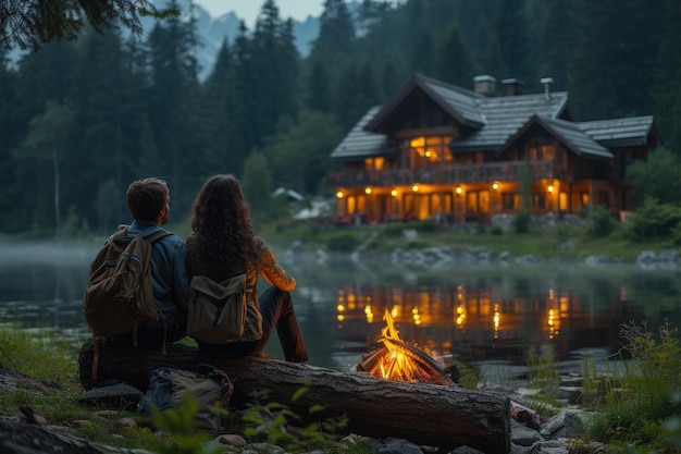 Twilight Serenity nad jeziorem z przytulną chatką i parą cieszącą się ogniem obozowym
