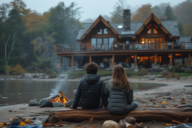 Twilight Serenity nad jeziorem z przytulną chatką i parą cieszącą się ogniem obozowym