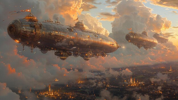 Twilight Voyagers Steampunk Dirigibles Against a Fiery Sky