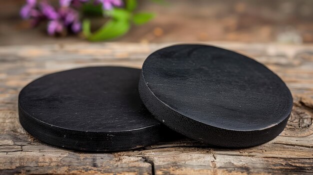 Zdjęcie two black round wooden podiums on a rustic wooden background