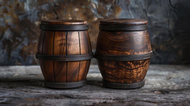 Zdjęcie two wooden barrels sit on a wooden surface against an out of focus dark background