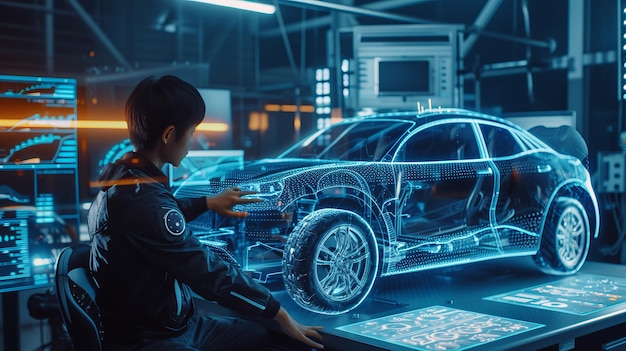 Twórca samochodów elektrycznych zanurzony w pracy przy użyciu zaawansowanego holograficznego wyświetlacza, aby przywrócić do życia nową koncepcję pojazdu Obraz podkreśla połączenie kreatywności i technologii AI Generative