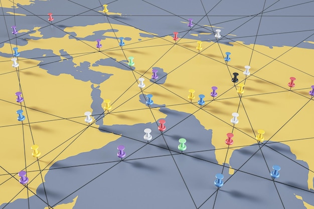 Zdjęcie twórcza mapa ze szpilkami odkrycie przygody nawigacja komunikacja logistyka geografia transport i podróż koncepcja tematu tło renderowanie 3d