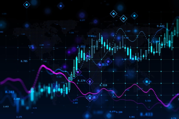 Twórczy świecący świecznik forex wykres na ciemnym tle Koncepcja handlu i zapasów Renderowanie 3D