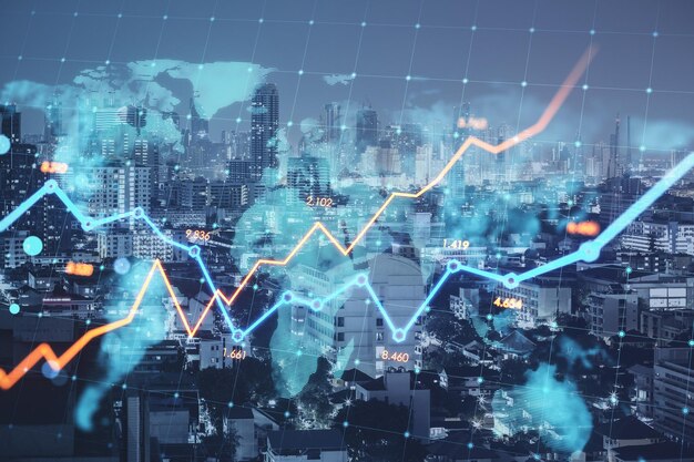 Twórczy świecący wykres biznesowy i mapa na rozmytym tle miasta Akcje globalnego wzrostu finansów i koncepcji wykresu finansowego Podwójna ekspozycja