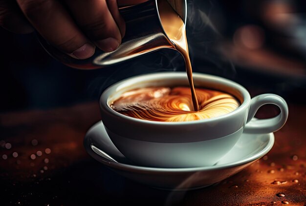 Tworzenie latte art w parzącej filiżance kawy