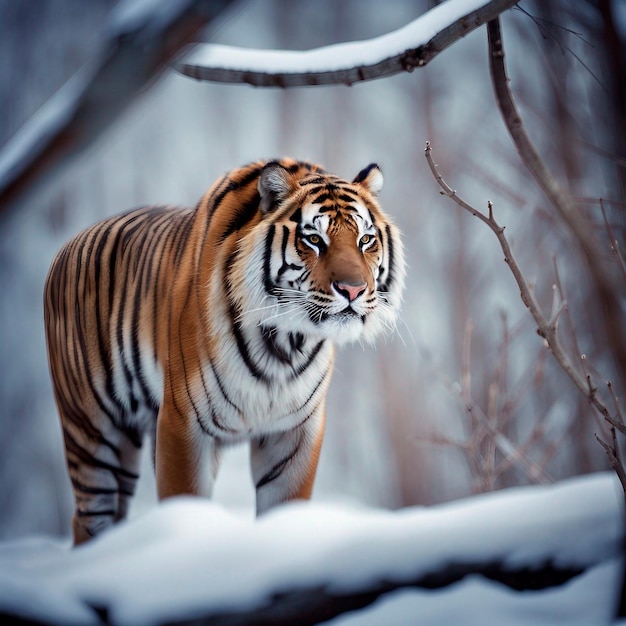 Tygrys amurski Panthera tigris altaica znany również jako tygrys syberyjski w śniegu z suchymi gałęziami