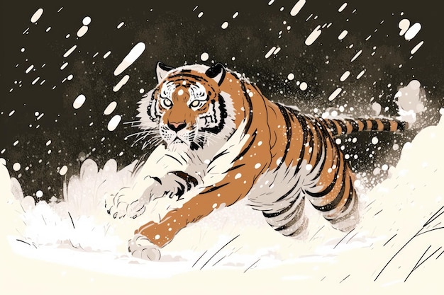 Tygrys bawiący się w śniegu podczas zimowej burzy Działania dzikich zwierząt z potencjalnym niebezpieczeństwem