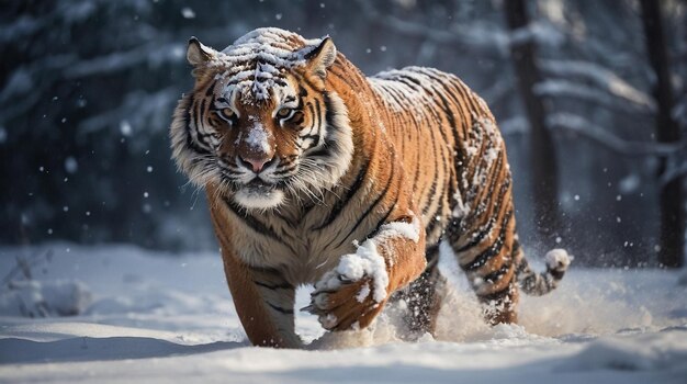 Tygrys biegający w śniegu w zimowym lesie