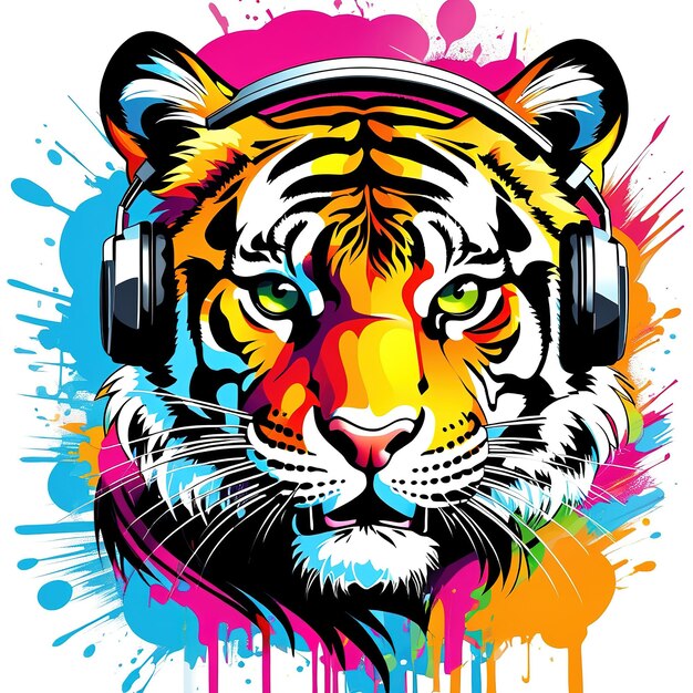 Tygrys Dj w słuchawkach i okularach graffiti kolorowy rozprysk TShirt projekt generatywnego obrazu AI