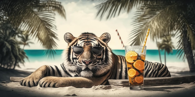 Tygrys jest na wakacjach w nadmorskim kurorcie i relaksuje się na letniej plaży