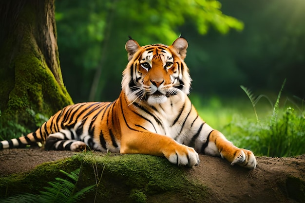 Tygrys leżący na skale w lesie
