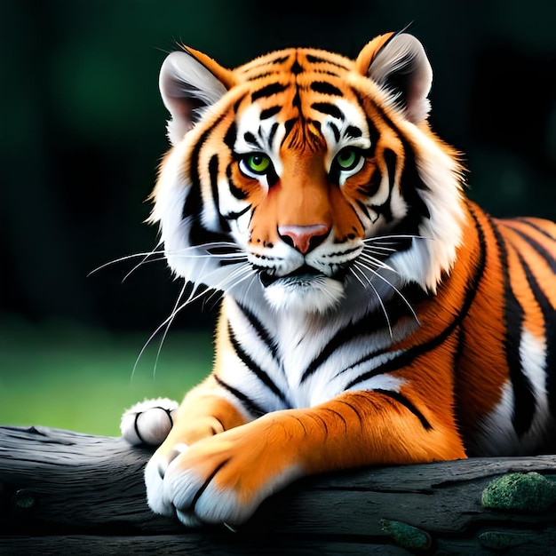 Tygrys leży na kłodzie z ciemnym tłem.
