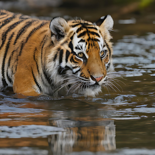 Tygrys pływa w wodzie i pływa.