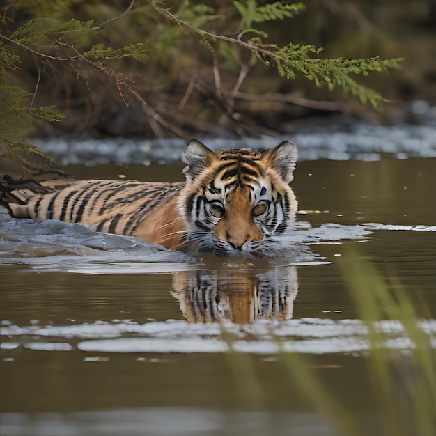 Tygrys pływa w wodzie i pływa.
