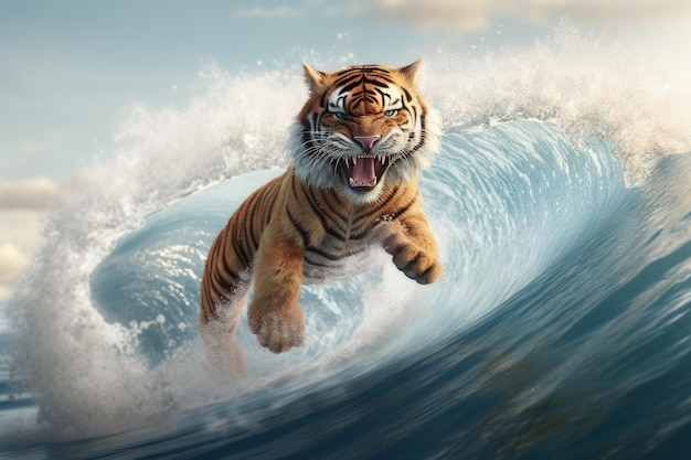 Tygrys pływający bawiący się na morskich falach zwierzęcych