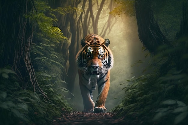 Tygrys pochodzący z tropikalnych liści w dżungli Niebezpieczeństwo zwierząt