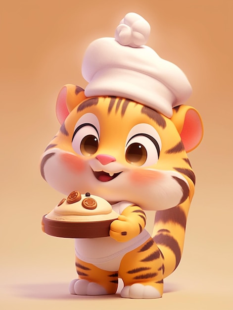 Tygrys rysunkowy trzymający talerz z jedzeniem w kapeluszu szefa kuchni na generatywnej sztucznej inteligencji