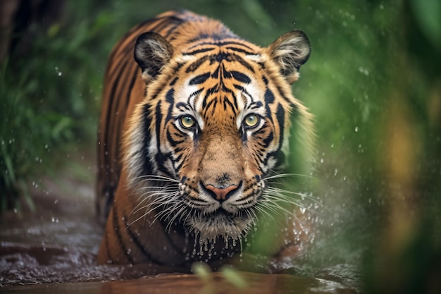 tygrys spacerujący w deszczu w lesie