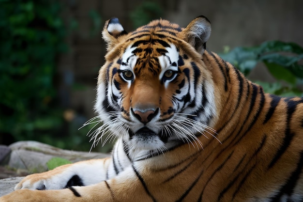 Tygrys sumatranski schwytany w ogrodzie zoologicznym pokazuje swoje dzikie piękno