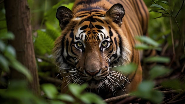 Tygrys w dżungli patrzy w kamerę
