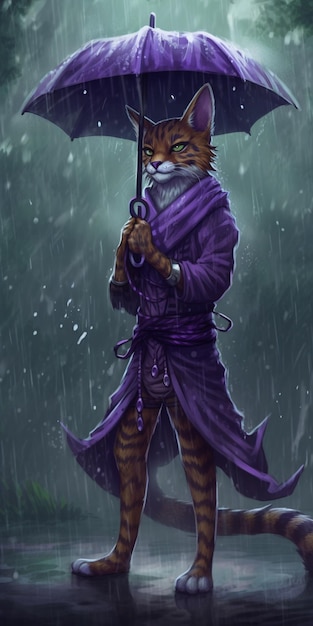 Tygrys w fioletowym płaszczu przeciwdeszczowym trzyma parasol.