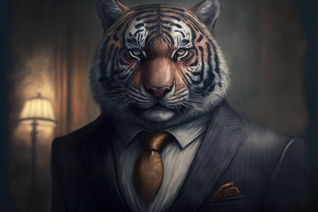 Tygrys w garniturze Ilustracja biznesmen wzrost kariery styl szefa decyzja handlowa prezentowalność celowość pomysł charakter drapieżnik firma sukces odzież biurowa AI