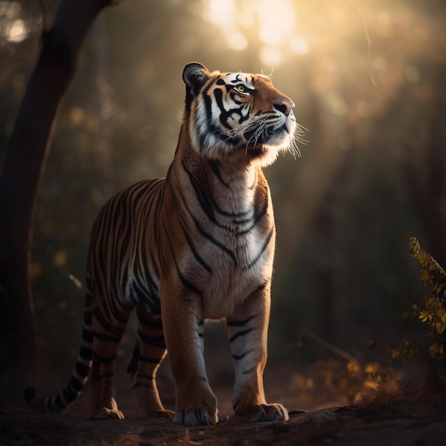 Tygrys w lesie ze słońcem świecącym na jego twarzy