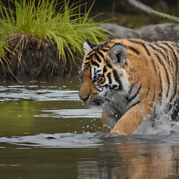 tygrys w wodzie z odbiciem drzewa w wodzie