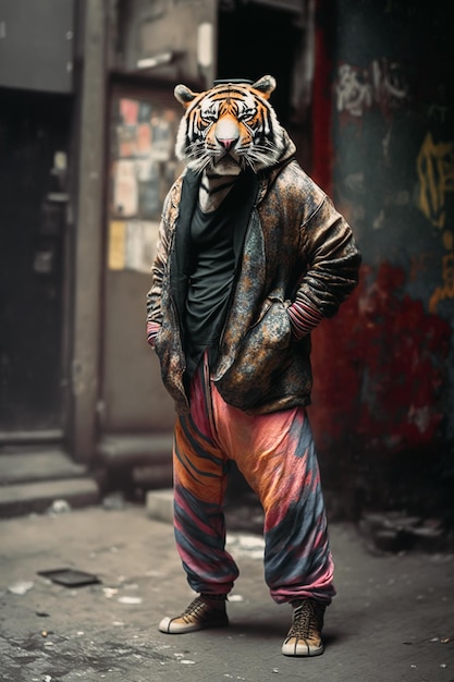 Tygrys z kapturem ubrany w ubrania i stojący samotnie na deszczowej ulicy w środku miasta